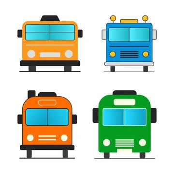 Front view of four colorful modern bus illustrations public transport Stock Illustration