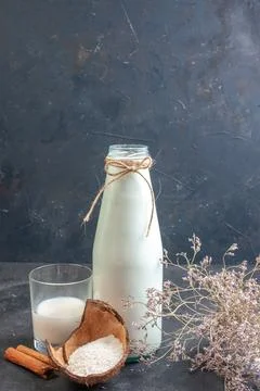 Front view fresh milk in bottle and little glass on gray background breakfa.. Stock Photos