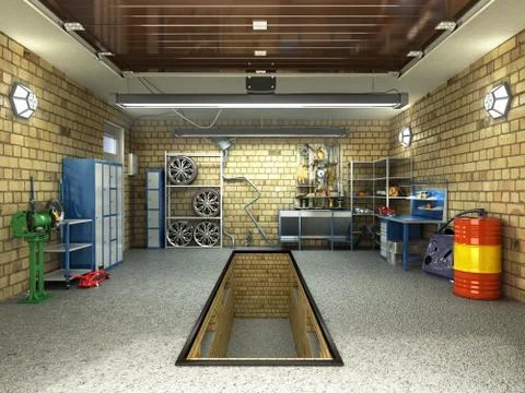 Front View of a Garage 3D Interior with Opened Roller Door 3D Rendering Stock Illustration