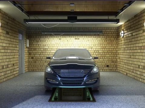 Front View of a Garage with a car 3D Interior with Opened Roller Door 3D Rend Stock Illustration