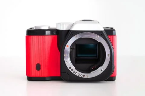 Front view of generic non branded mirrorless photo camera body no lens attach Stockfoto's