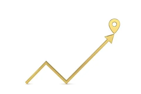 Front view of gold up arrow with gold map pointer 3d pin. Financial success.. Stockillustratie