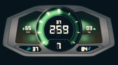 Front view of green digital car interface with speedometer and tachometer Stock Footage 65956969