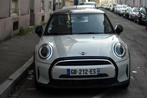 Front view of grey mini cooper D parked in the street Stock Photos