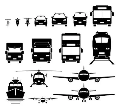 Front view of ground, air, and water transportation vehicles icons set. Vecto Stock Illustration
