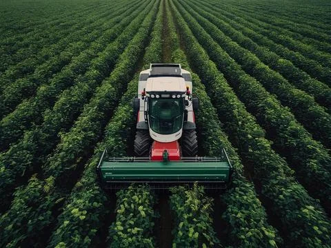 Front View of a Harvesting Machine in the Middle of a Vast Field of Green Crops Stock Photos