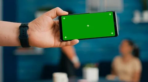 Front view of horizontal isolated mock up green screen chroma key display Stock-Fotos