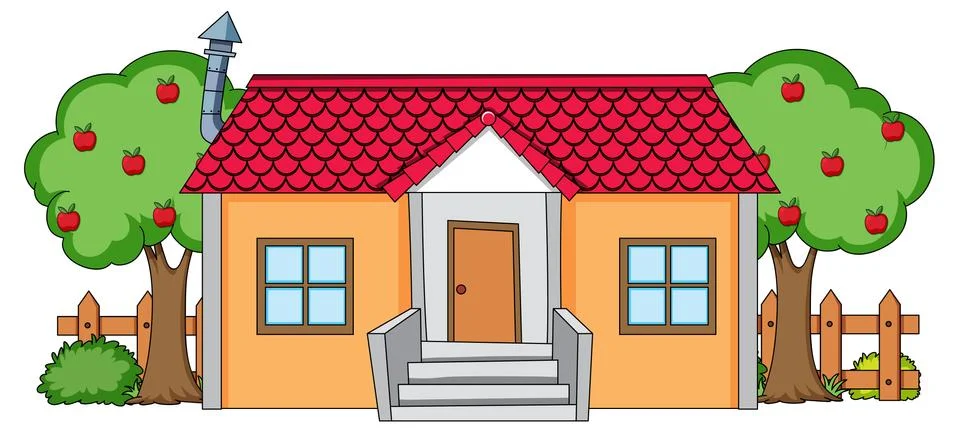 Front view of a house with nature elements on white background Stock Illustration