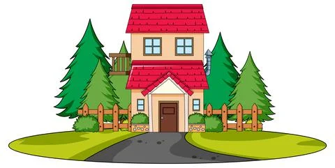 Front view of a house with nature elements on white background Stock Illustration
