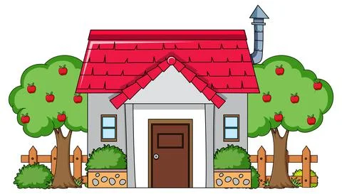 Front view of a house with nature elements on white background Stock Illustration