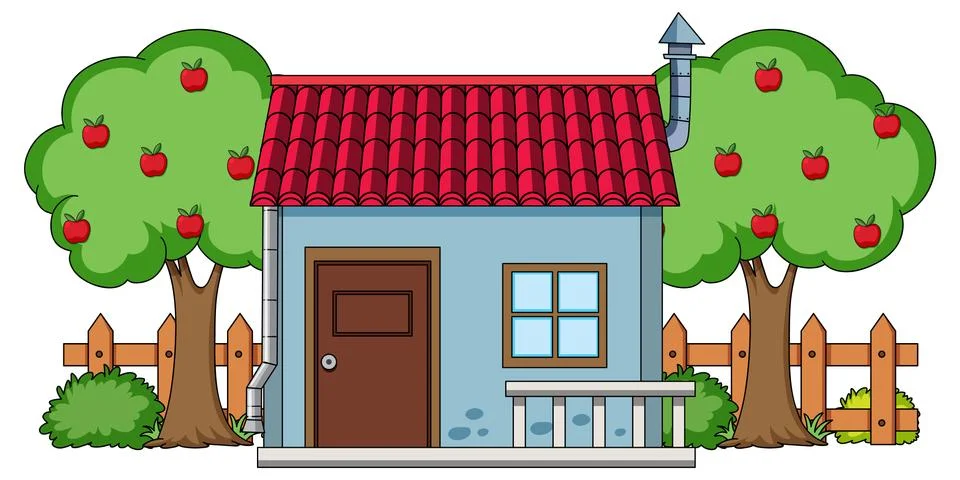 Front view of a house with nature elements on white background Stock Illustration