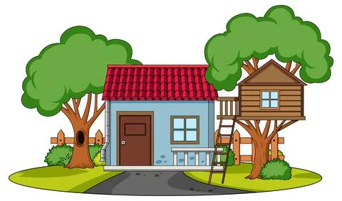 Front view of a house with nature elements on white background Stock Illustration