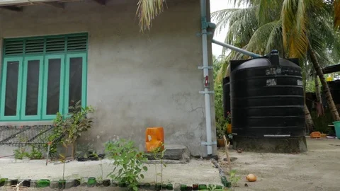 Front view of house with window, plants and water tank in Dhiffushi, Maldives Stock Footage 80023004