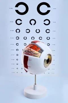 Front view of a human eye anatomical model in front of a Landolt C vision cha Stock Photos