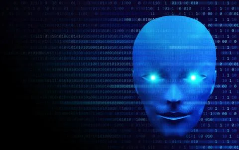 Front view of human head with binary code. Model isolated on blue background, Stock Illustration