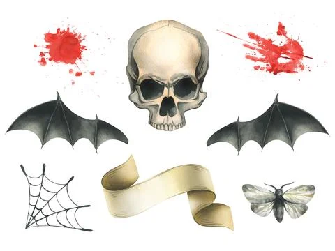 Front view of a human skull with black bat wings with a bloodstains and cobwebs Illustrazione stock