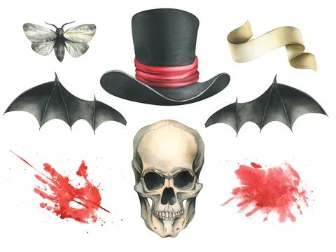 Front view of a human skull with black bat wings, top hat with a bloodstains and Stock Illustration