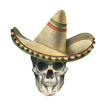 Front view human skull wearing a sombrero hat. Hand drawn watercolor Stock Illustration