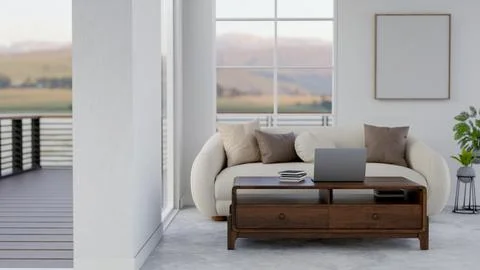 A front view image of a laptop on a stylish hardwood coffee table in a mini.. Stock Illustration
