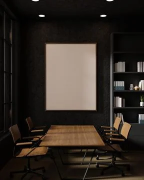 Front view image of a large empty picture frame mockup on a black wall in a.. Stock Illustration