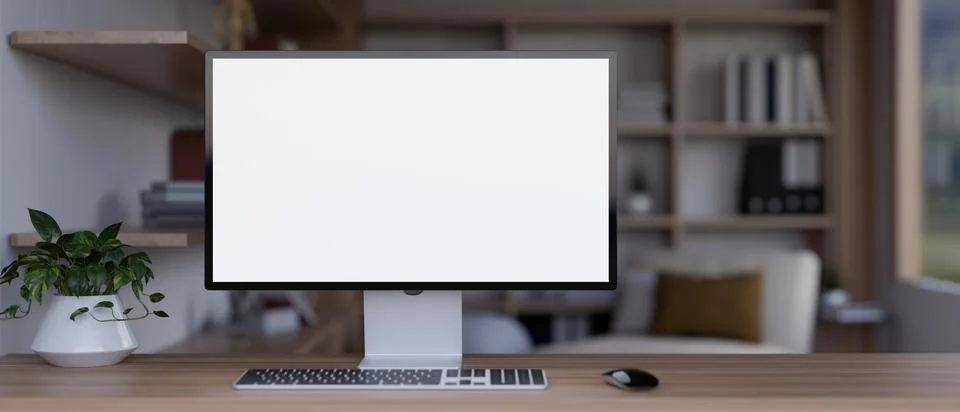 Front view image of a white-screen computer mockup on a wooden table in a m.. Stock Illustration