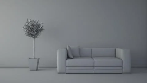 Front view of an interior rendering of a living room without textures Illustrazione stock