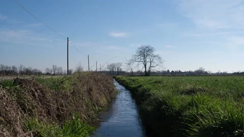 Front view of an irrigation canal in the countryside in early spring Stock Footage 166208583