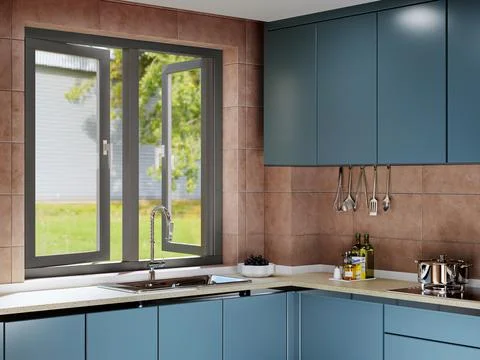 Front view on kitchen interior with wall tiles , panoramic window,wooden floor. Illustrazione stock