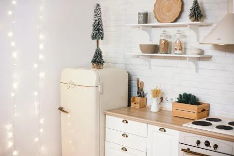 Front view of kitchen table in fancy bright kitchen Stock Photos