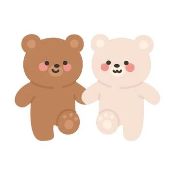 Front View of Korean Couple Bears Cartoon Smiling and Holding Hands While W.. Stock Illustration