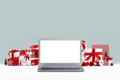 Front view of the laptop with mockup screen on the desk Stock Photos