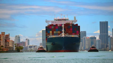Front view of large container ship with tugboats Stock Footage 333411539