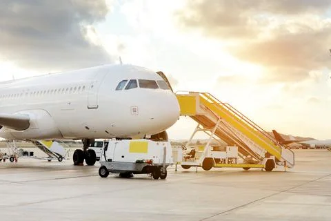 Front view of large white passenger airplane and air-stairs to the door, towa Stock Photos