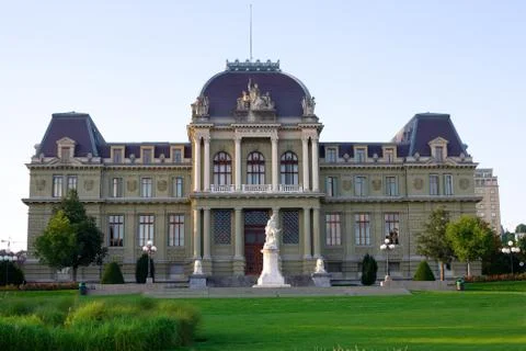Front view of the Lausanne Justice Palace bathed in the warm glow of afternoon Stock Photos