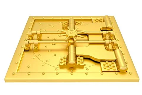 Front view of light gold bank vault door, closed. 3D Render Ilustración de archivo