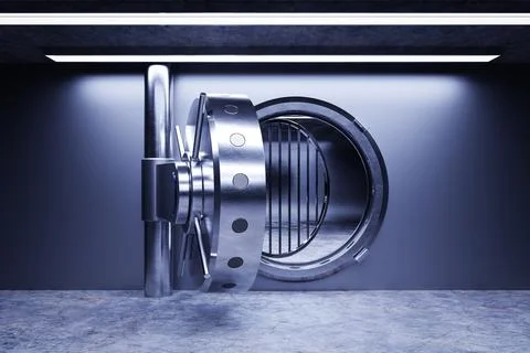 Front view of light silver bank vault door, open.  3D Illustration Stock Illustration