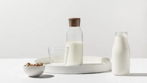 Front view milk bottle with walnuts tray Stock Photos