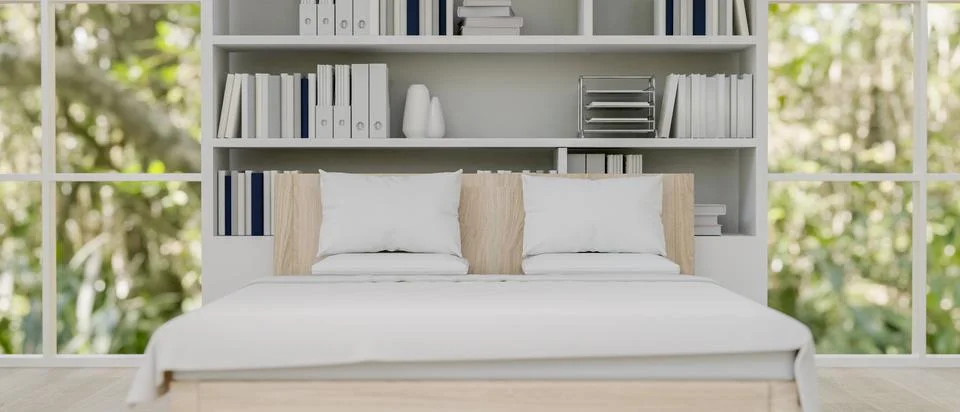 A front view of a minimalist, clean bed with white bedding in a modern, min.. Illustrazione stock