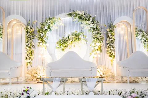 Front view of minimalist white wedding decoration Stock Photos