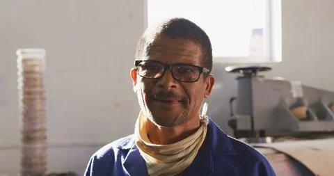 Front view of a mixed race worker in factory Stock Footage 124590197
