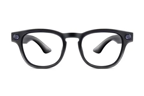 Front view of modern black smart glasses with integrated dual cameras isola.. Stock Photos