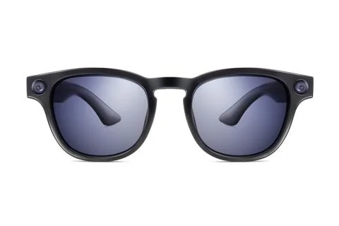 Front view of modern black smart sunglasses with blue lenses and integrated.. Stock Photos