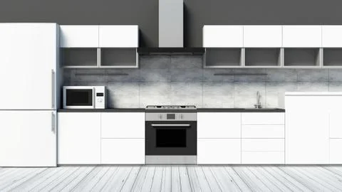 Front View of Modern Kitchen 3D Interior in White Tones Stock Illustration