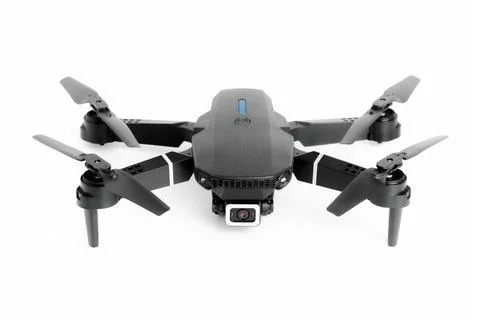 Front view of a modern small drone with video recording function, white backg Stock Photos