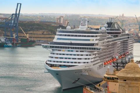 Front view of MSC Splendida luxury cruise ship moored in port Valletta Stock Photos