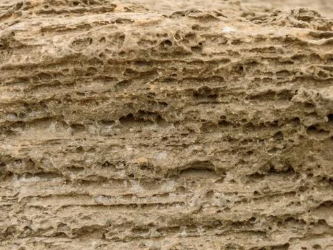 Front view of the natural background of yellow limestone with the bumpy surface Stockfoto's