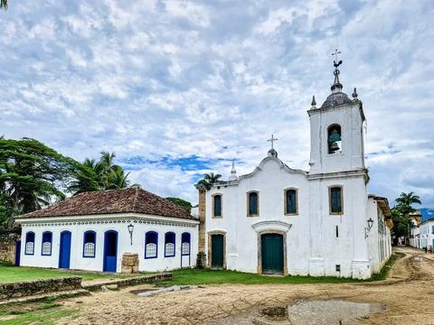 Front view of Nossa Senhora das Dores, Our Lady of Sorrows Church, at Paraty  Stock Photos