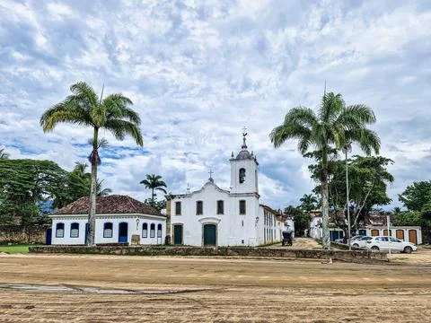 Front view of Nossa Senhora das Dores, Our Lady of Sorrows Church, at Paraty  Stock Photos