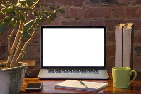 The Front View Of Notebook And Cup Of Coffee. Inspiration And Mock-Up Concept Stock Photos