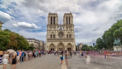 Front view of Notre-Dame de Paris timelapse hyperlapse, a medieval Catholic Stock Footage 80591633